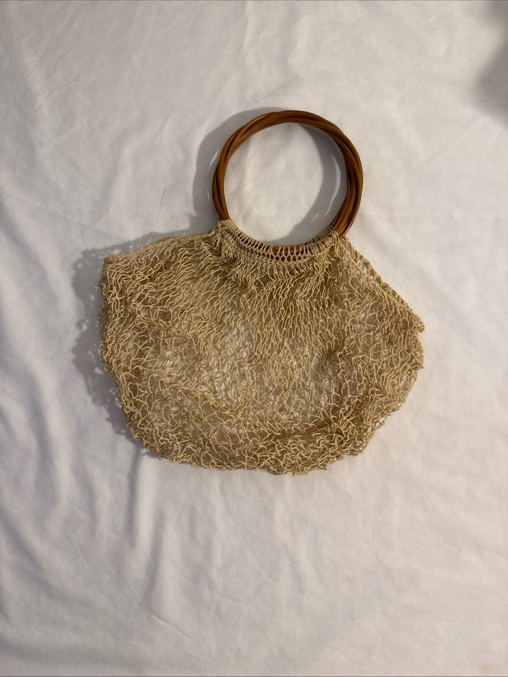 1970s Vintage Woven Knotted Jute Handbag Unlined Open Weave Round Handles
